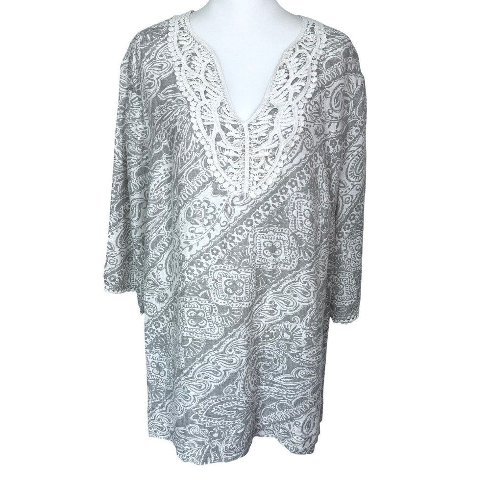 JONES NEW YORK Women's 2X‎ 100% Linen Gray White Paisley Crochet Lace Tunic Top